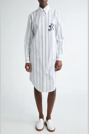Thom Browne Floral Embroidered Stripe Long Sleeve Cotton Shirtdress in at Nordstrom, Size 6 Us