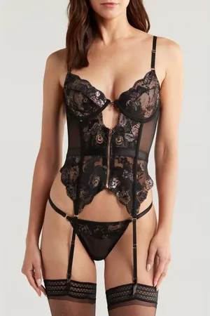 Coquette Zip-Up Underwire Bustier & Thong Set in at Nordstrom, Size Medium
