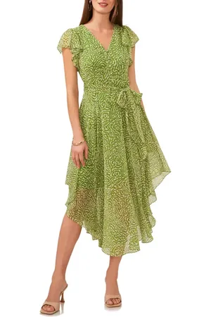 Vince Camuto Maze Print Flutter Sleeve Asymmetric Hem Midi Dress in at Nordstrom, Size Xx-Small