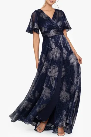 Betsy & Adam Foil Print Flutter Sleeve Gown in at Nordstrom, Size 10