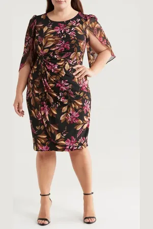 Connected Apparel Floral Chiffon Sleeve Faux Wrap Dress in at Nordstrom, Size 18W