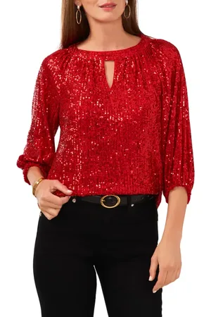 Vince Camuto Sequin Keyhole Neck Blouse in at Nordstrom, Size Xx-Small