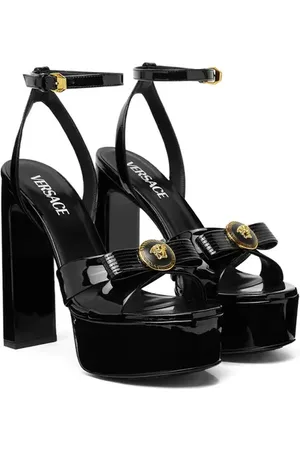 VERSACE Gianni Ribbon Platform Sandal in Black- Gold at Nordstrom, Size 8.5Us