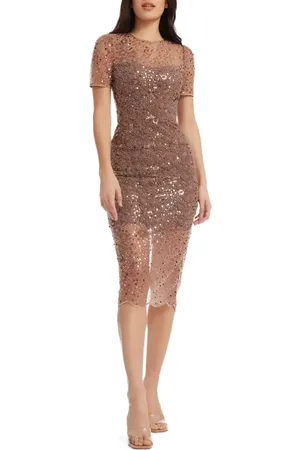 Dress The Population Lia Sequin Illusion Mesh Overlay Midi Cocktail Dress in at Nordstrom, Size X-Small