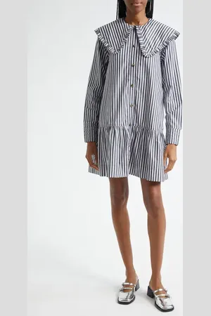 Ganni Stripe Collar Long Sleeve Organic Cotton Shift Dress in at Nordstrom, Size 0 Us