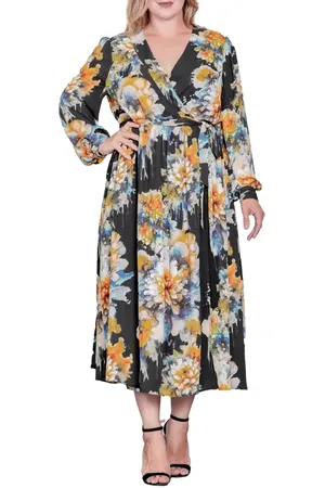 Standards & Practices Floral Print Long Sleeve Georgette Midi Wrap Dress in at Nordstrom, Size 14W
