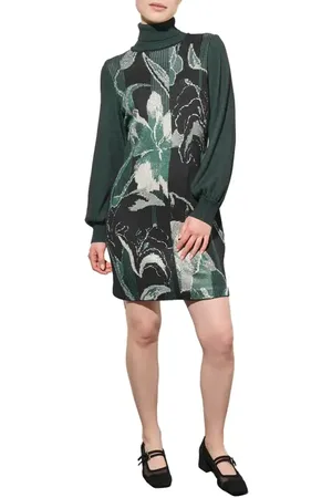 Ming Wang Botanical Long Sleeve Jacquard Knit Sweater Dress in at Nordstrom, Size Small