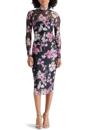 Steve Madden Vivienne Floral Long Sleeve Turtleneck Mesh Midi Dress in at Nordstrom, Size X-Small
