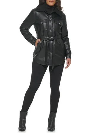 Kenneth Cole Faux Leather Tie Belt Shacket with Removable Faux Shearling Collar in at Nordstrom, Size X-Small