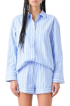 Grey Lab Oversize Stripe Long Sleeve Button-Up Shirt in at Nordstrom, Size Small