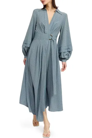 En Saison Berenger Stripe Long Sleeve Asymmetric Wrap Shirtdress in at Nordstrom, Size X-Small