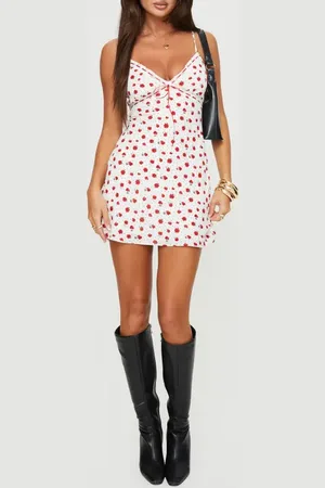 Princess Polly Karena Floral Minidress in White /Red at Nordstrom, Size 2
