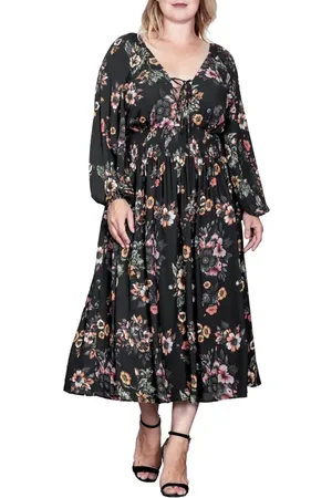 Standards & Practices Floral Print Long Sleeve Georgette Midi Dress in at Nordstrom, Size 18W