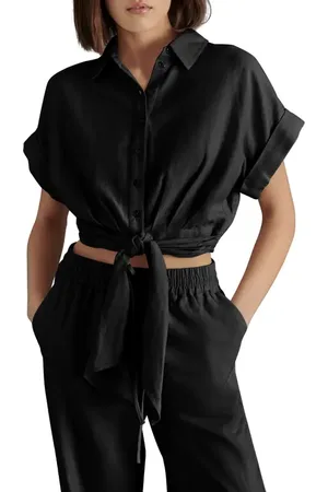 Steve Madden Tori Tie Front Linen Blend Button-Up Shirt in at Nordstrom, Size X-Small