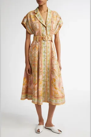 ZIMMERMANN Acacia Floral Stripe Belted Linen Midi Shirtdress in at Nordstrom, Size 1