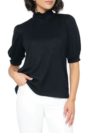 GIBSONLOOK Ruffle Mock Neck Puff Sleeve Sweater in at Nordstrom, Size X-Large