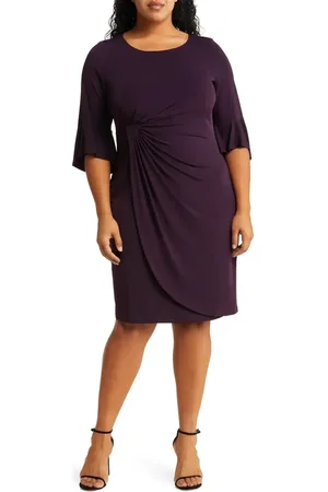 Connected Apparel Gathered Bell Sleeve Faux Wrap Dress in at Nordstrom, Size 24W