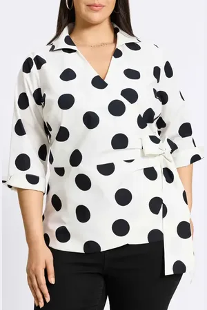 Foxcroft Salina Dot Print Cotton Poplin Wrap Shirt in at Nordstrom, Size 2X