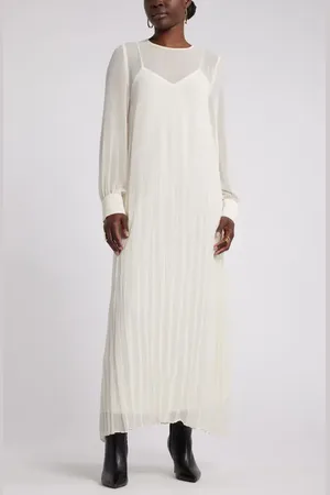 Nordstrom Pleated Long Sleeve Layered Chiffon Dress in at , Size Xx-Small
