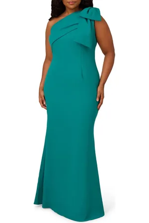 Adrianna Papell Pleated Bow One-Shoulder Stretch Crepe Mermaid Gown in at Nordstrom, Size 14W