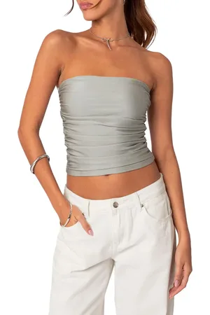 Edikted Maxeen Shiny Ruched Crop Tube Top in at Nordstrom, Size X-Small