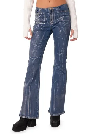 Edikted Metallic Coated Low Rise Flare Jeans in at Nordstrom, Size X-Large