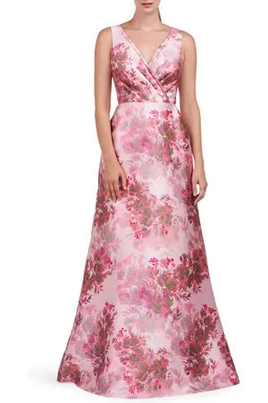 Kay Unger Opal Floral Pleated Surplice V-Neck Satin Gown in at Nordstrom, Size 8