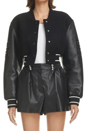 Givenchy Leather Sleeve Logo Crop Varsity Jacket in at Nordstrom, Size 4 Us