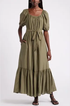 Nordstrom Tiered Blouson Sleeve Cotton & Silk Maxi Dress in at , Size X-Small