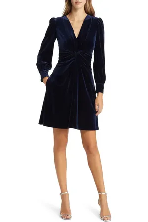 Vince Camuto Twist Front Long Sleeve Velvet Fit & Flare Dress in at Nordstrom, Size 18