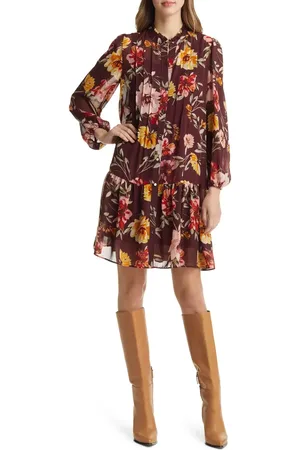 Julia Jordan Floral Pleated Long Sleeve Dress in at Nordstrom, Size 4