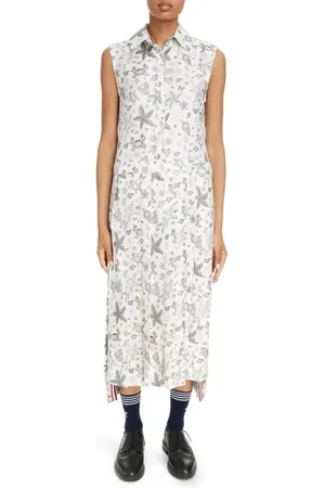 Thom Browne Nautical Crystal Print Sleeveless Pleated Silk Shirtdress in at Nordstrom, Size 6 Us
