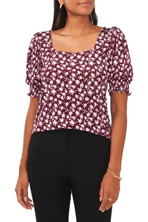 Chaussmoi Floral Square Neck Smocked Sleeve Blouse in at Nordstrom, Size Small