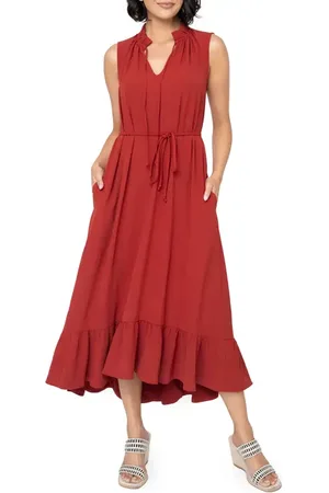 GIBSONLOOK Sienna Split Neck Tie Waist Ruffle Hem High-Low Dress in at Nordstrom, Size Xx-Small