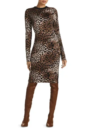 ST. JOHN Leopard Jacquard Long Sleeve Body-Con Knit Dress in at Nordstrom, Size 14