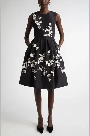 Carolina Herrera Floral Embroidered Silk Faille Fit & Flare Dress in at Nordstrom, Size 8