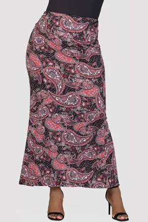 24Seven Comfort Apparel Paisley Foldover Waist Knit Maxi Skirt in at Nordstrom, Size 1X