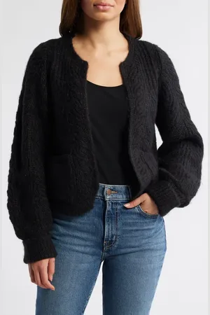 Wit & Wisdom Blouson Sleeve Cable Knit Crop Cardigan in at Nordstrom, Size Large