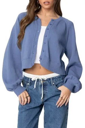 Edikted Sammi Balloon Sleeve Cotton Crop Cardigan in at Nordstrom, Size Large