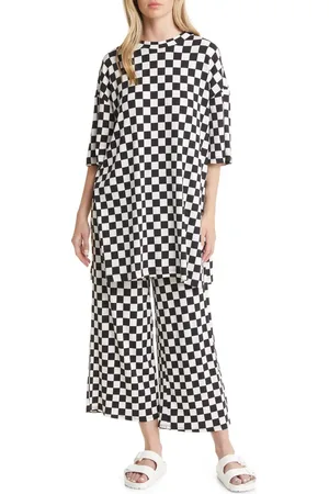 Dressed in Lala Lex Ribbed Oversize T-Shirt & High Waist Crop Pants Set in Black /White Check at Nordstrom, Size Medium