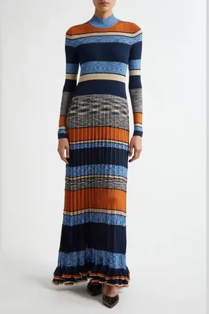 ULLA JOHNSON Evangeline Stripe Rib & Pleat Mock Neck Maxi Dress in at Nordstrom, Size Large