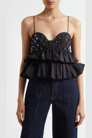 ULLA JOHNSON Lucia Embellished Ruffle Crop Camisole in at Nordstrom, Size 6