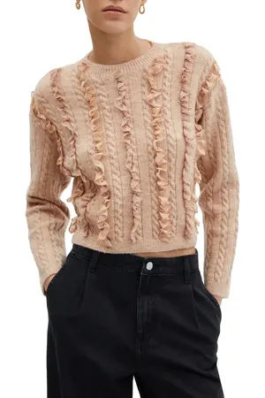 MANGO Ruffle Crop Cable Sweater in at Nordstrom, Size Small