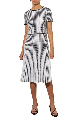 Ming Wang Grid Stripe Flare Knit Dress in at Nordstrom, Size X-Small