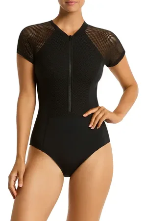 SEA LEVEL Drift Short Sleeve Front Zip One-Piece Swimsuit in at Nordstrom, Size 10 Us