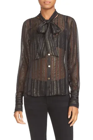 Frame Tie Neck Metallic Stripe Silk Blouse in at Nordstrom, Size Small