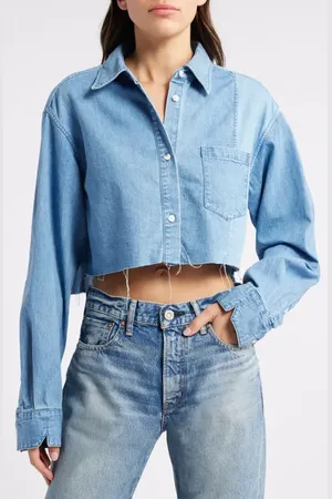 Moussy Lenfred Colorblock Crop Chambray Shirt in at Nordstrom, Size Large