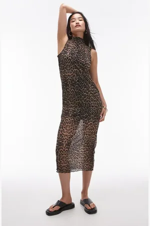 Topshop Leopard Crinkle Funnel Neck Midi Dress in at Nordstrom, Size Small