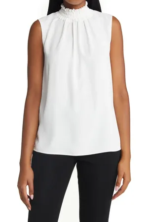 Ming Wang Smocked Mock Neck Sleeveless Blouse in at Nordstrom, Size Large
