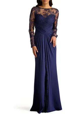 Tadashi Shoji Floral Embroidery Long Sleeve Mixed Media Gown in at Nordstrom, Size 2